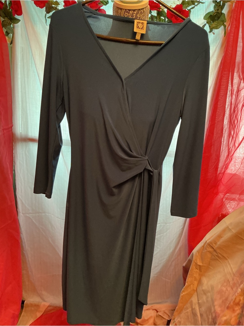 Anne Klein Black Long-Sleeve Wrap Dress with Side Knot